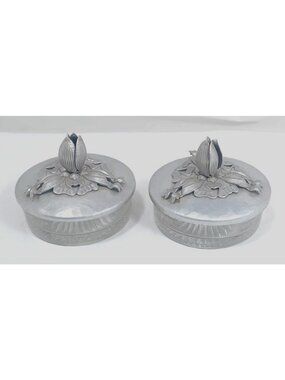 Vintage Rodney Kent Hammered Aluminum Glass Vanity Jar Dish Tulip Lids Set of 2